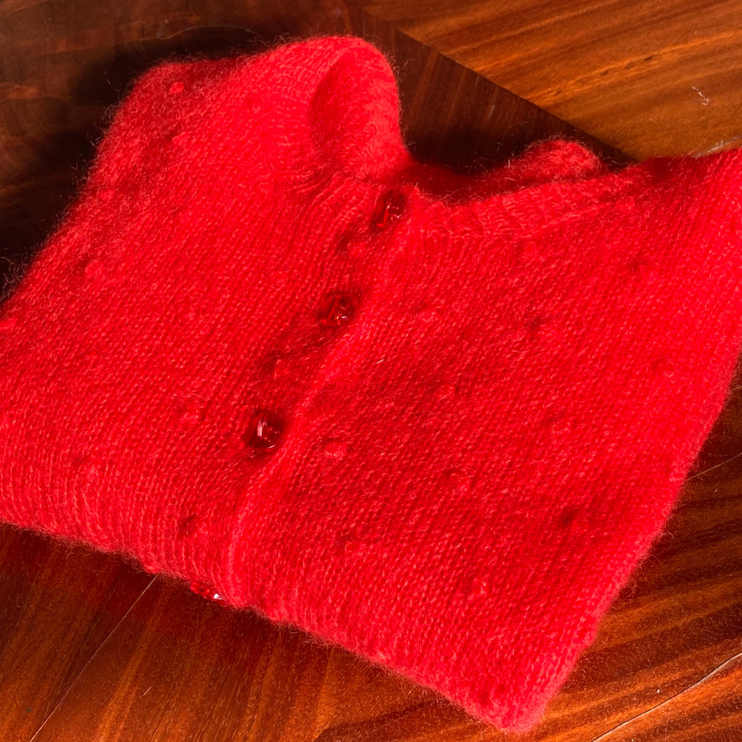 Red mohair polkadot cardigan, size M/L