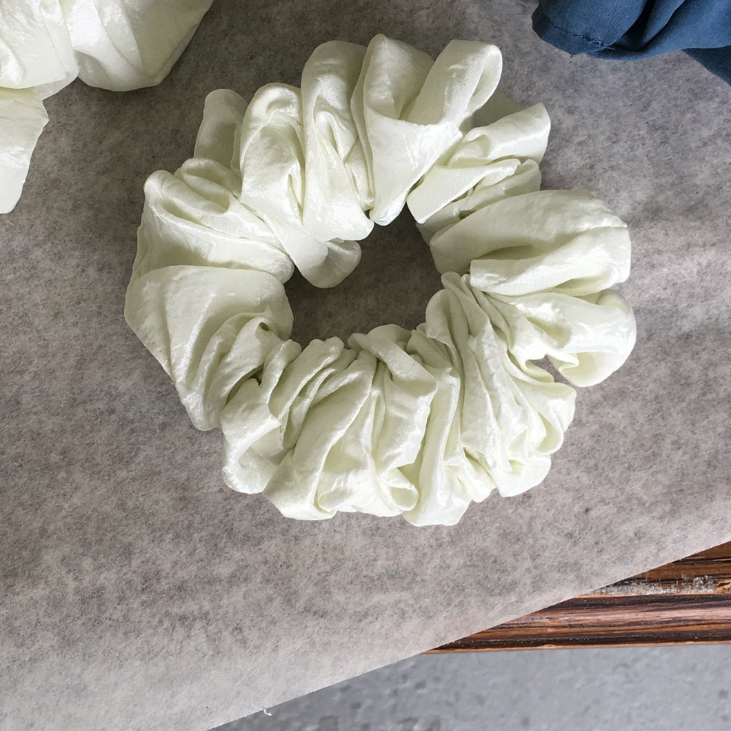 White taft silky scrunchie, handmade by YV, size S