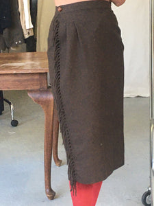 Vintage wool mid length skirt with fringe, size XS