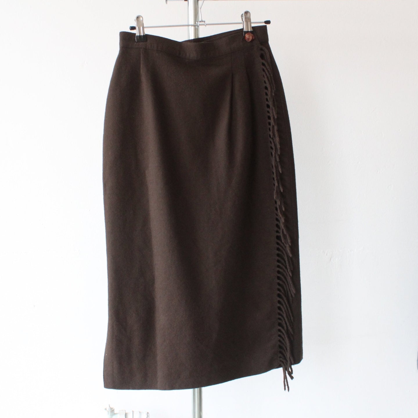 Vintage wool mid length skirt with fringe, size XS