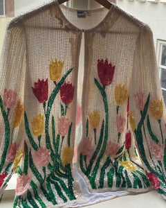 Silk jacket with sequins tulip print, size S