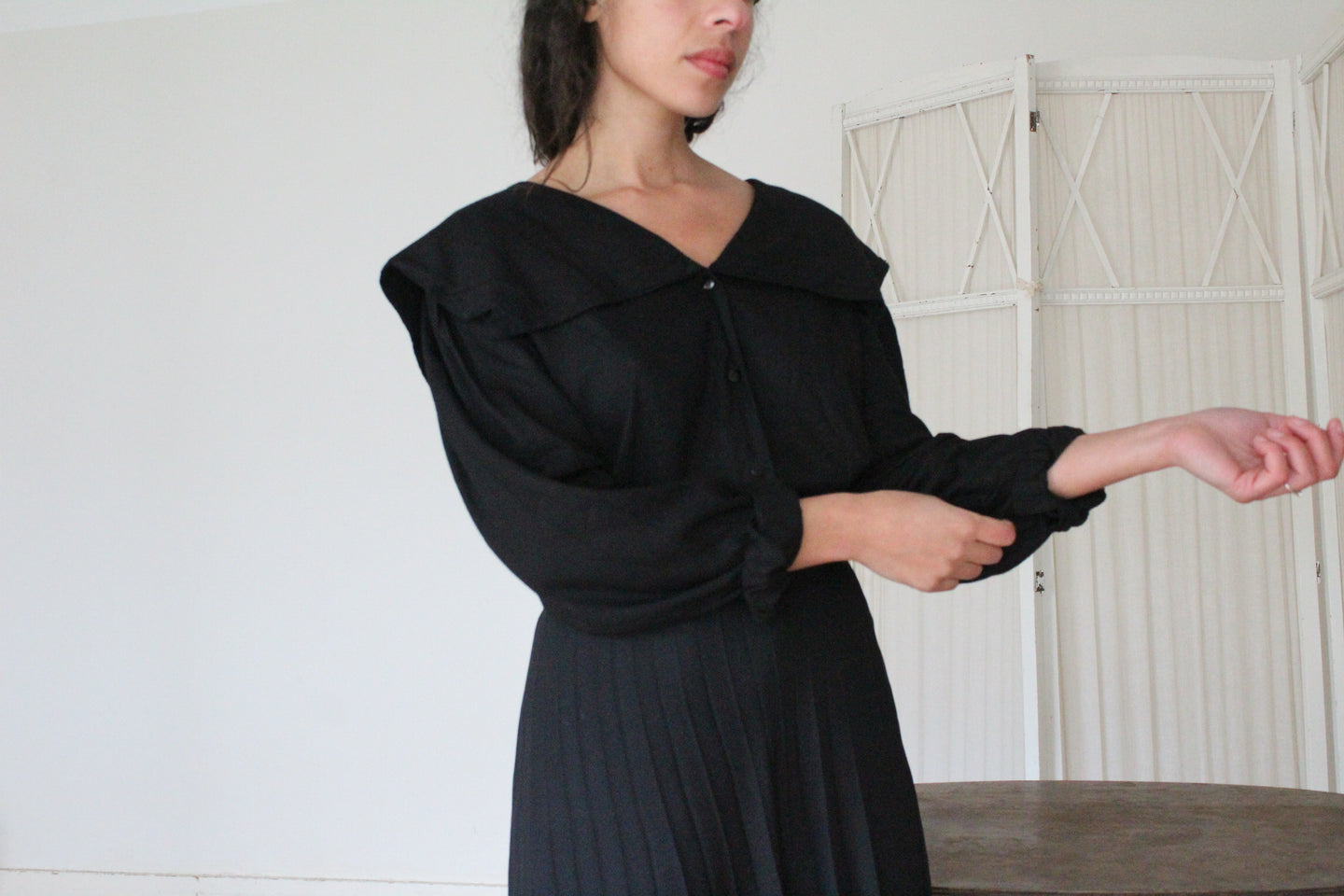 Vintage black cotton blouse with wide collar, size S-L