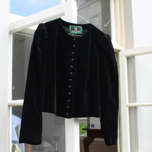 Load image into Gallery viewer, Vintage black velvet jacket with puffy shoulders, size M