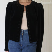 Load image into Gallery viewer, Vintage black velvet jacket with puffy shoulders, size M