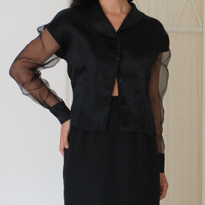 80's black blouse with sheer sleeves, size M