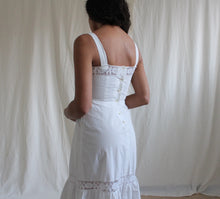 Load image into Gallery viewer, Vintage white cotton midi dress with embroidered details, size XS