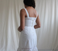Load image into Gallery viewer, Vintage white cotton midi dress with embroidered details, size XS