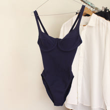 Load image into Gallery viewer, Vintage Wolford dark blue ribbed swimsuit, size S