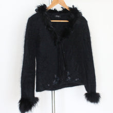 Load image into Gallery viewer, Vintage angora cardigan with feather and strasss details, size S