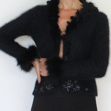 Load image into Gallery viewer, Vintage angora cardigan with feather and strasss details, size S
