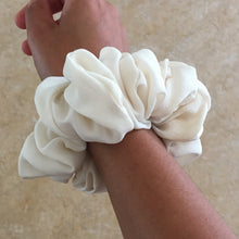 Load image into Gallery viewer, White silk scrunchie handmade by YV, size small