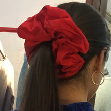 Load image into Gallery viewer, Red taft silk scrunchie handmade by YV, size L