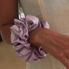 Load image into Gallery viewer, Lilac silk scrunchie handmade by YV, size medium